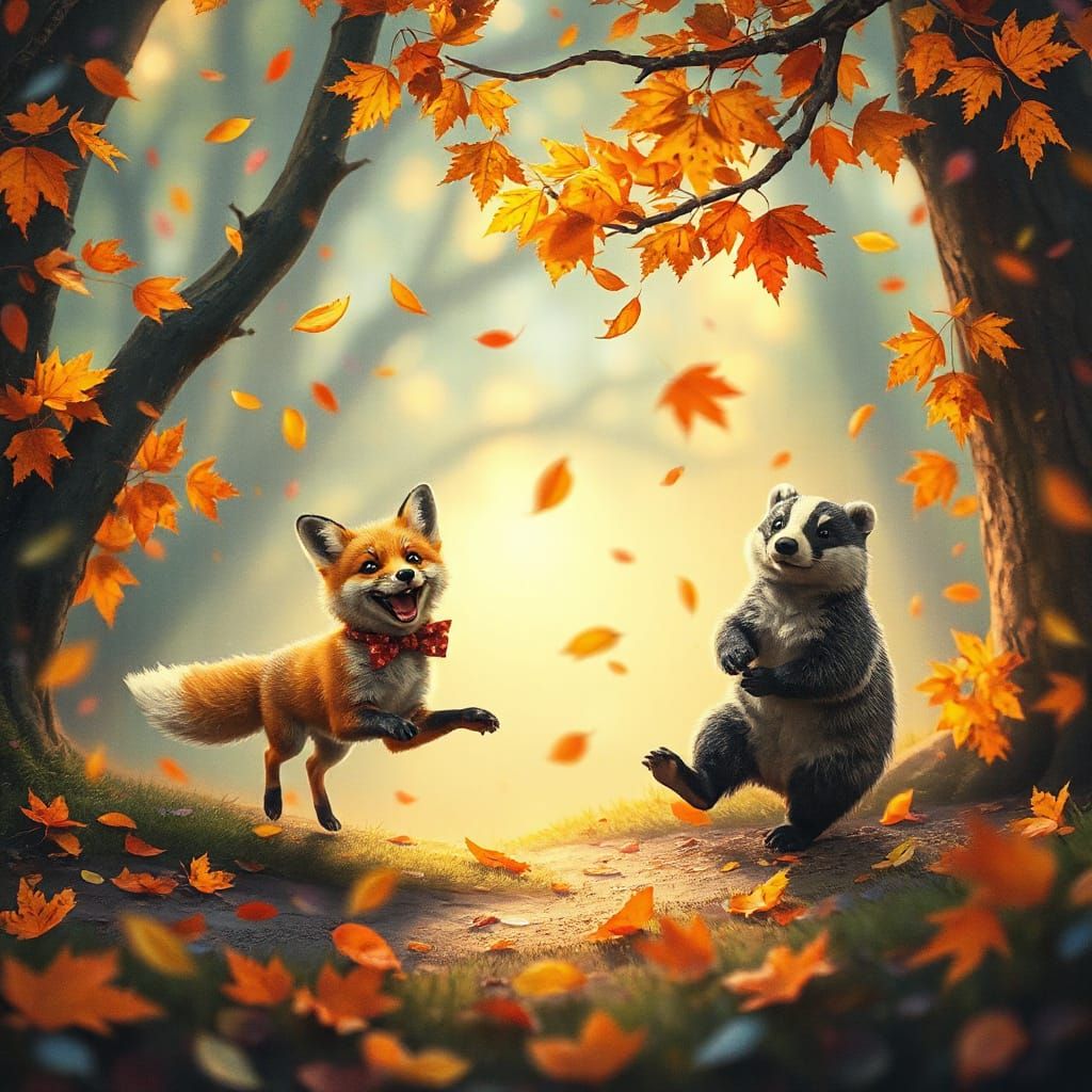A fox and a badger frolicking in a swirling storm of multicolored leaves, set in a dreamy, candy-hued autumn glade where leaves seem to glow...