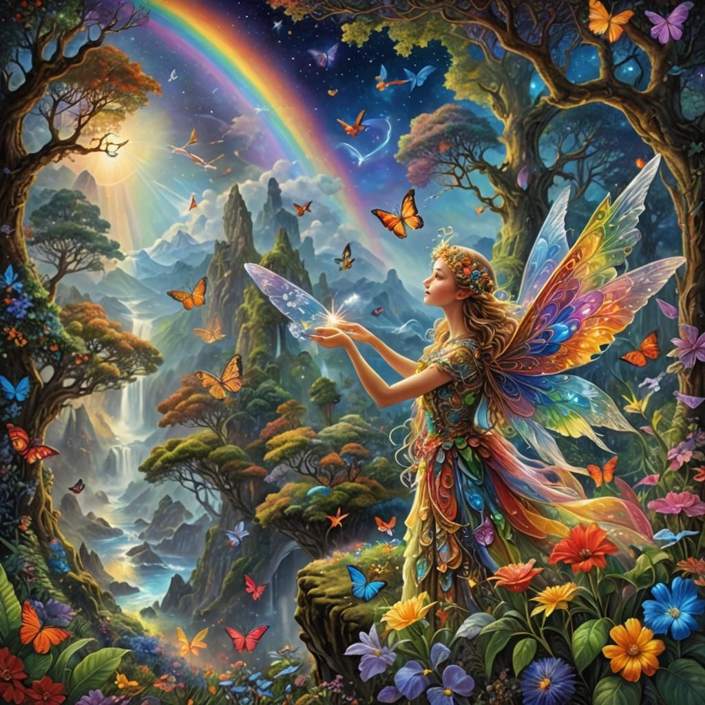 Fairy with Rainbow Wings in Enchanted Forest