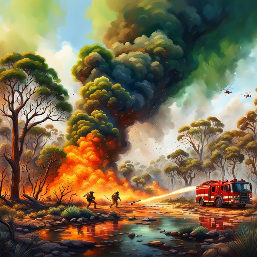 Vibrant watercolour of Australian Bush fire  out of control ...