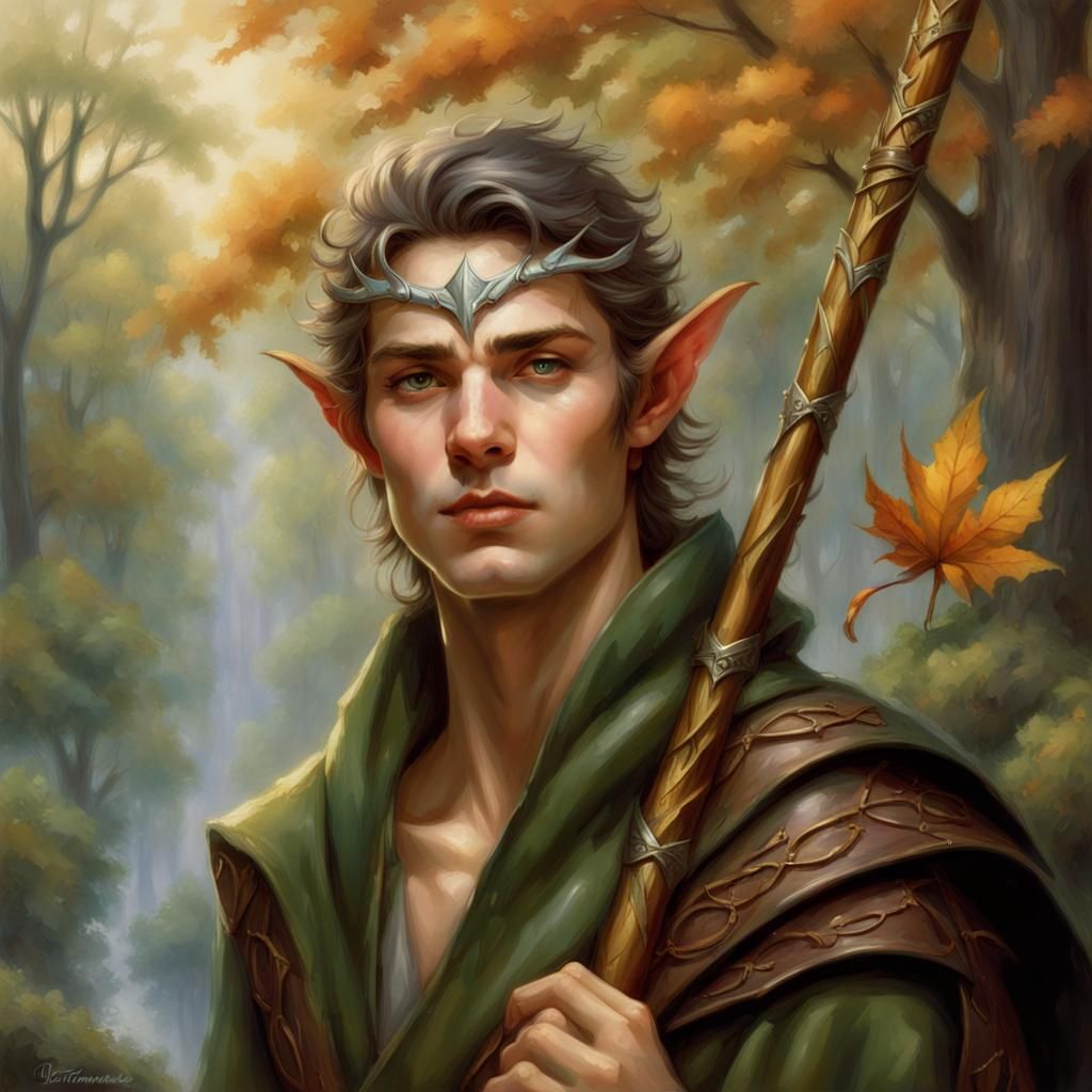 An androgynous male wood elf who wears natural leather and loose robes ...