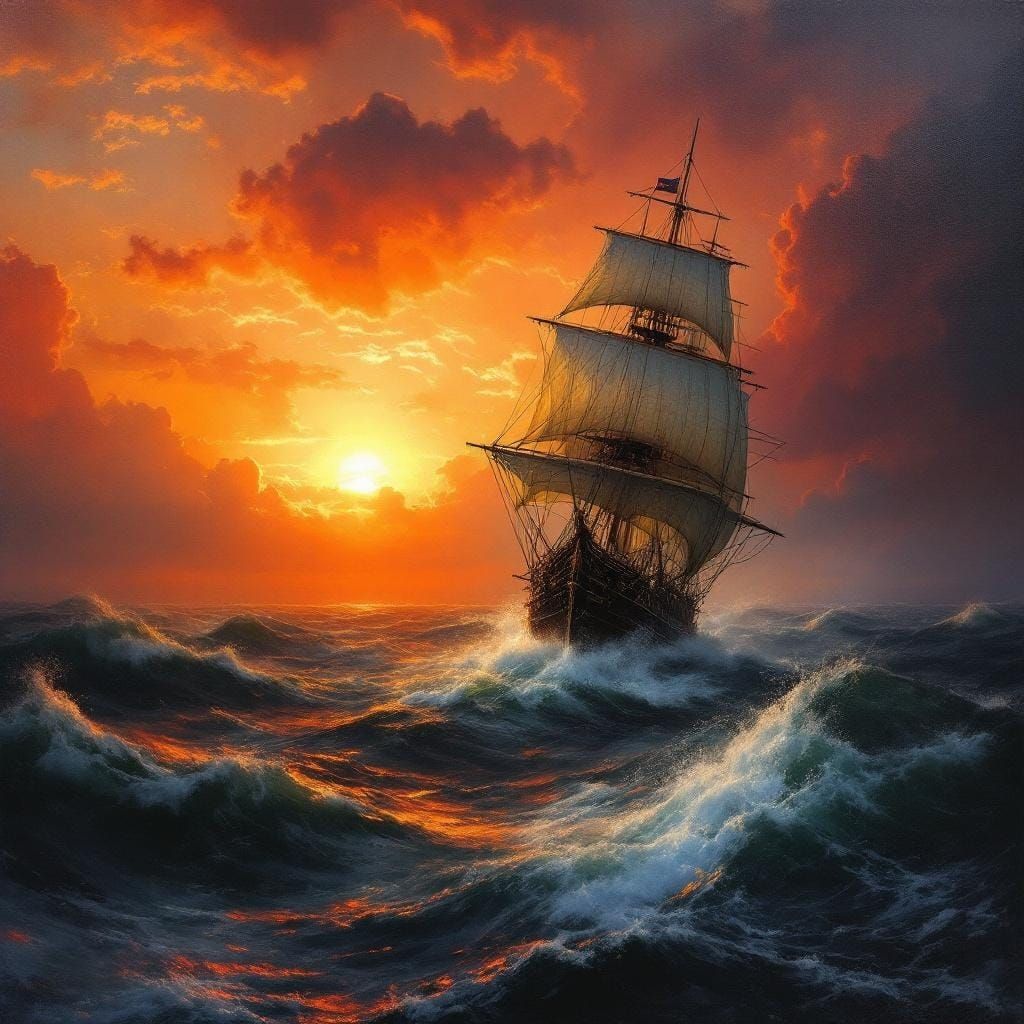 Magnificent tall ship on stormy seas with a dramatic sunset in the background
  by @Caveman