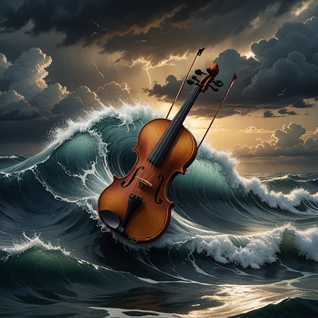 Highly Creative. Liquid Waves. A Cinematic  violin shaped from rippling, clear ocean water, with small fish swimming within its form. Digita...