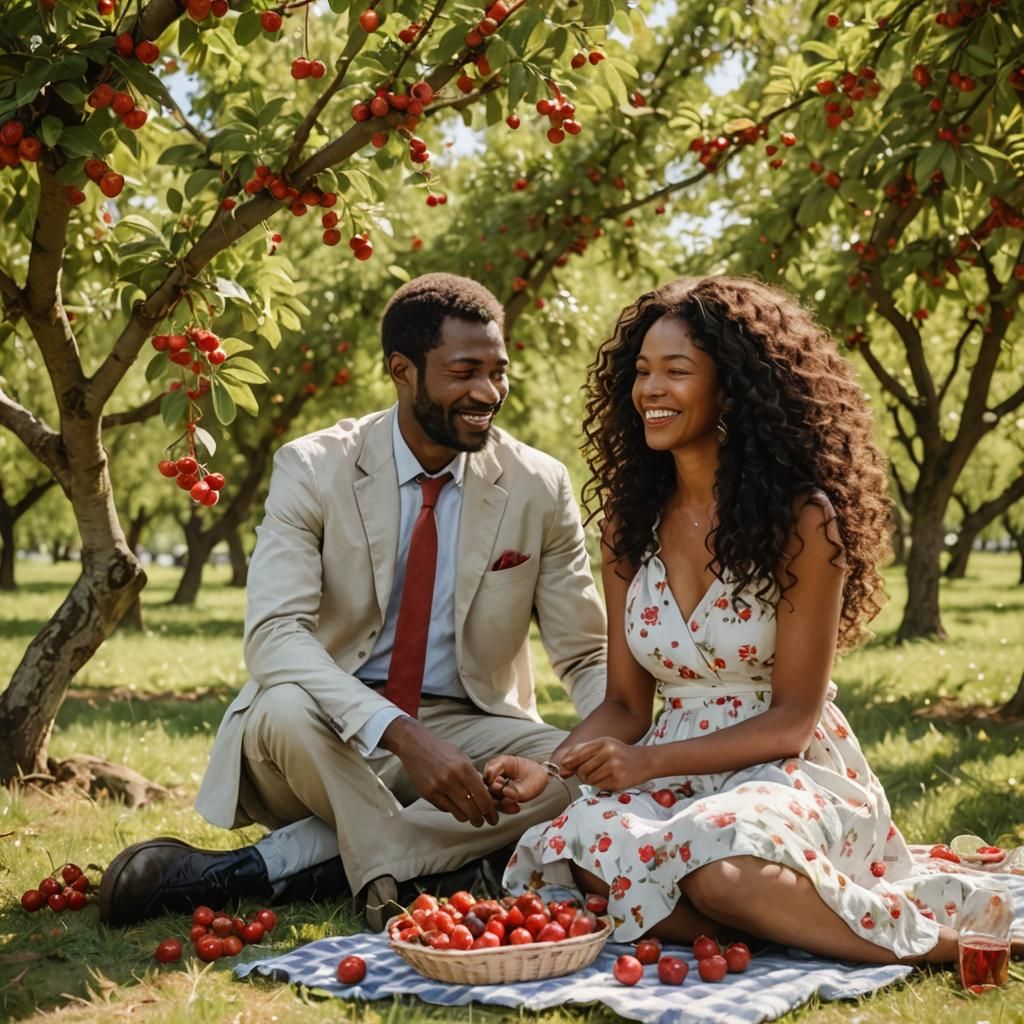 african american family on a picnic in a cherry orchard