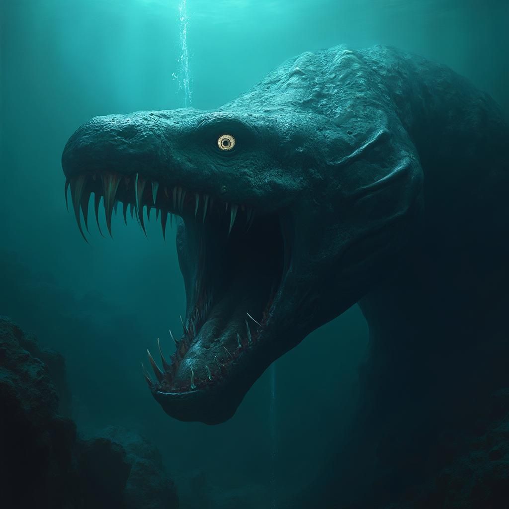 Creepy composite photography horror art creation of SCP-3000 the leviathan eel gargantuan creature looking at a scuba d...