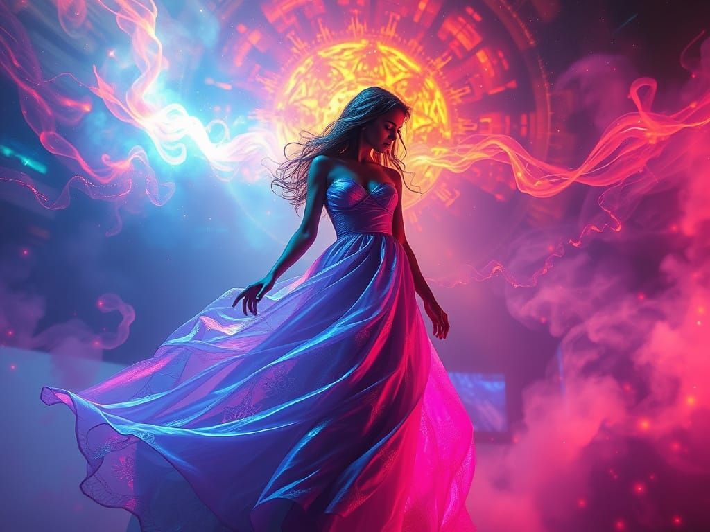 Woman in Iridescent Gown Amidst Cosmic Energies