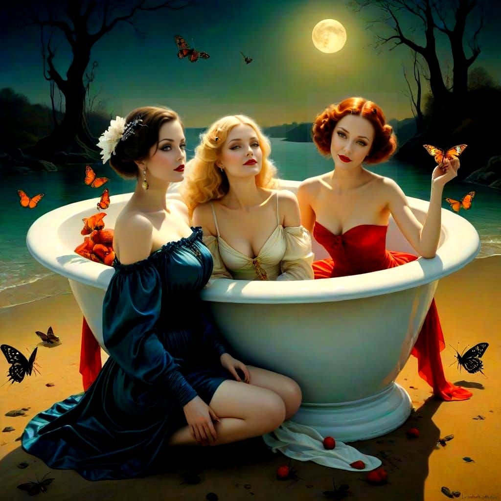 Elegant Ladies Interact with Bizarre Insect-like Creatures