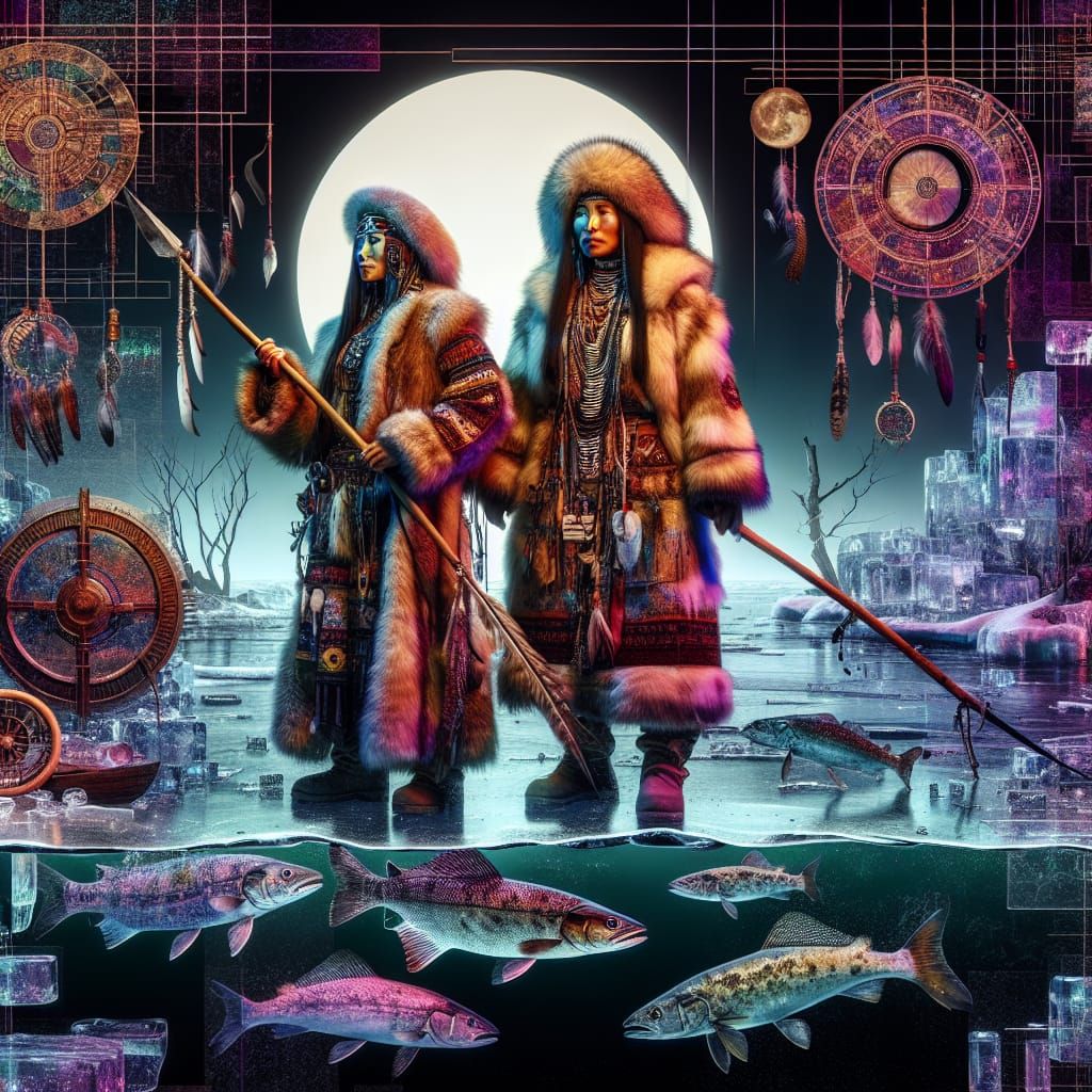 Siberian women ice-fishing