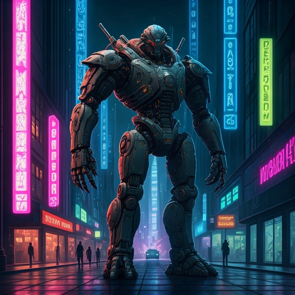 Robot in Cyberpunk Cityscape Art