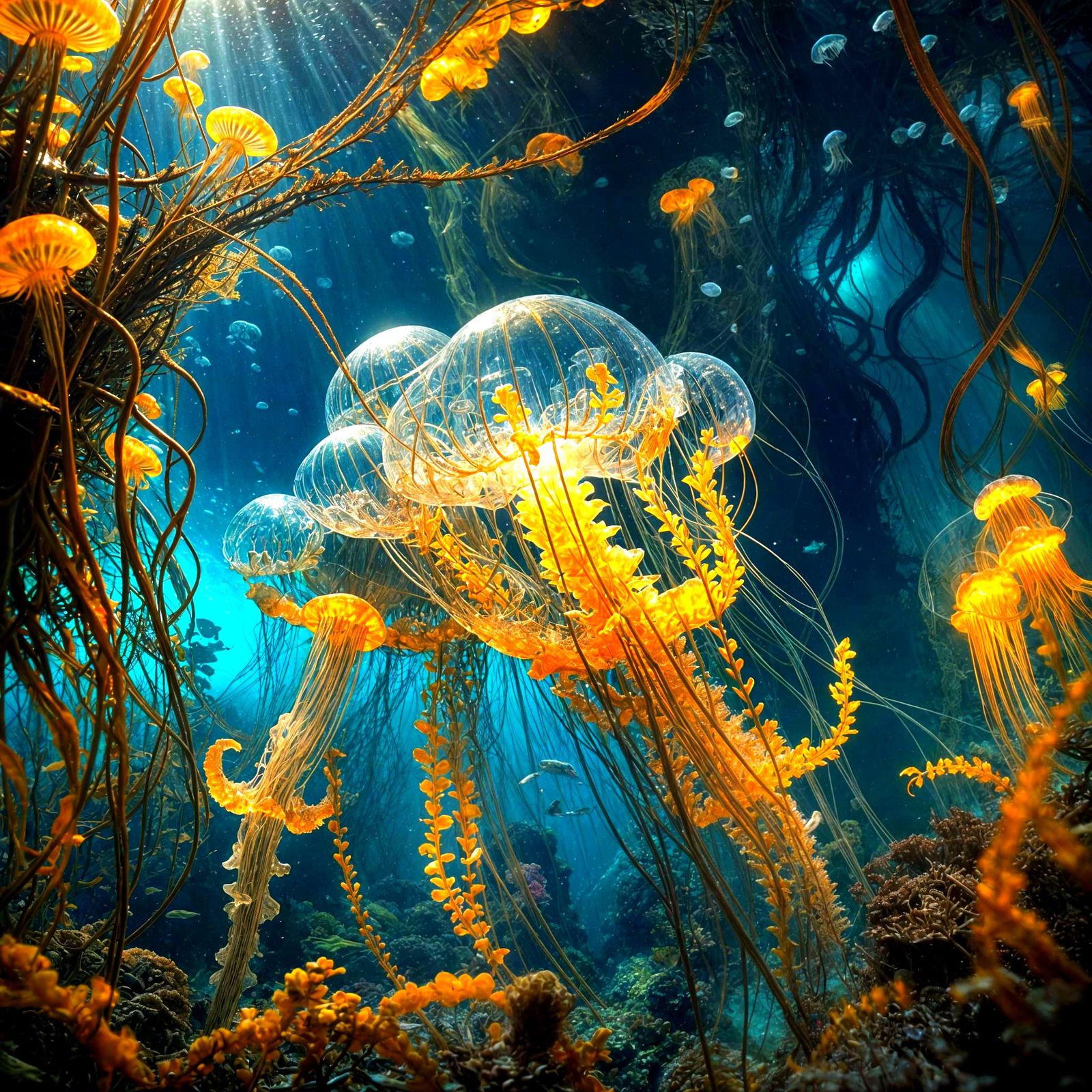 A deep-sea scene with jellyfish in a dense kelp forest.  by @manozavr