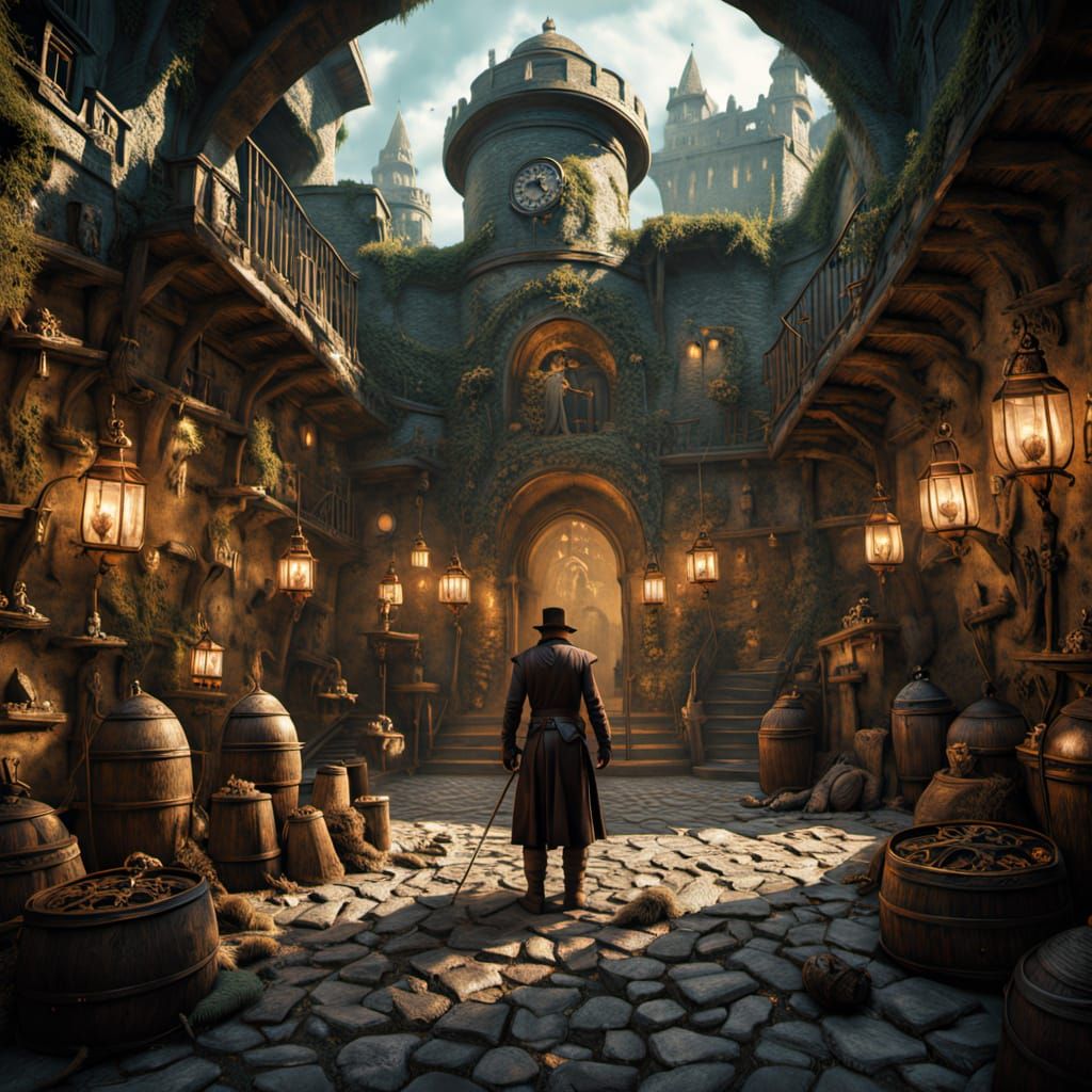 A Steampunk Stone Castle in Ruin And being explored by A Mysterious Traveler, Fantasy Concept Art. (1) ...  by @Artididitagain