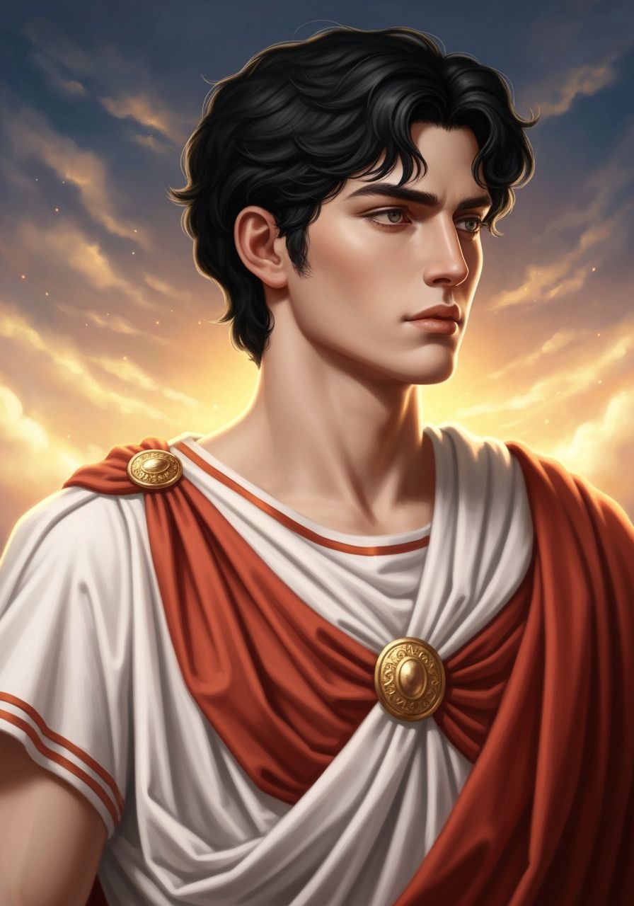 A captivating portrait of a young man, styled after ancient Greek or Roman aesthetics, with DARK black hair and a classical profile. He wear...