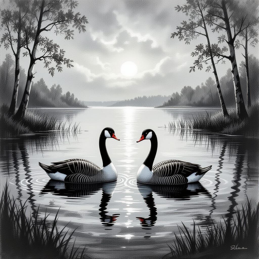 Swans Enjoying the Sea in Radiant Gouache Colors