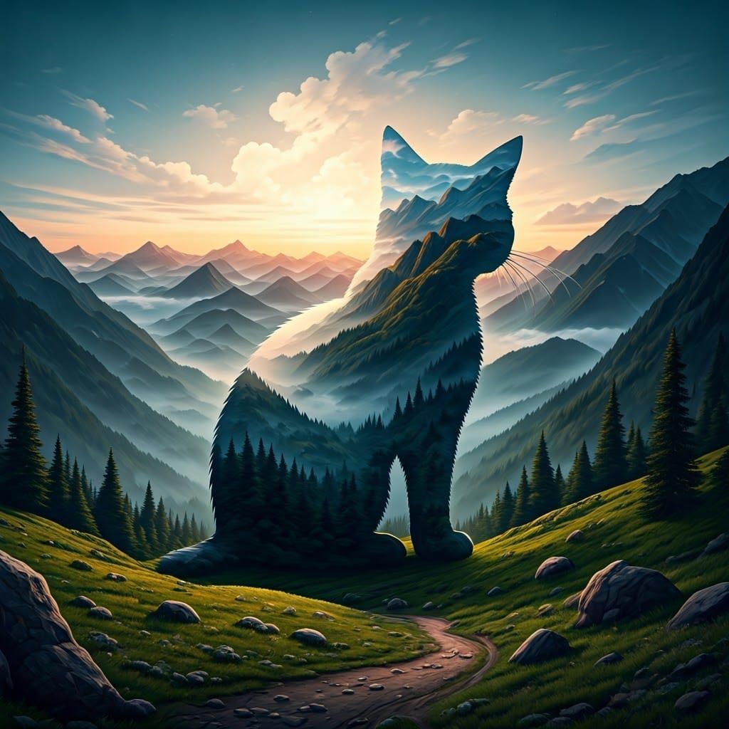 A cat shape made up of a mountain landscape   by @Melissa Fischer