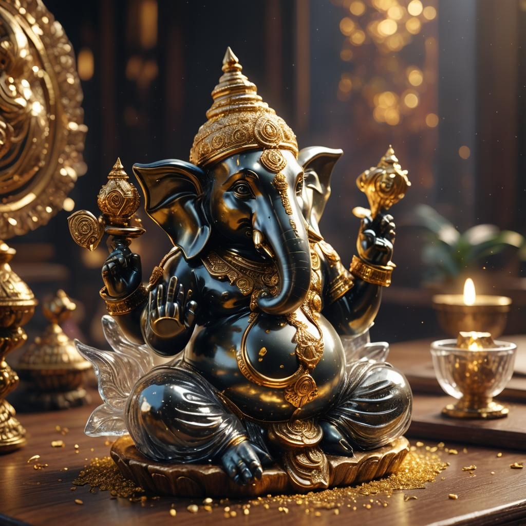 8k blown clear glass lord Ganesh statue close up focused on ...