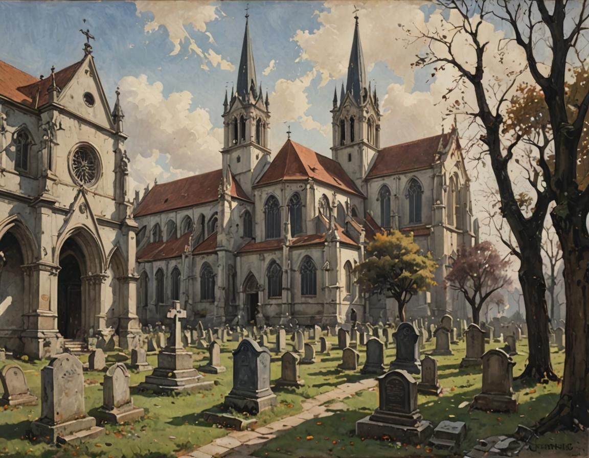 Cynus Cuneo painting, Gothic churchyard - AI Generated Artwork ...