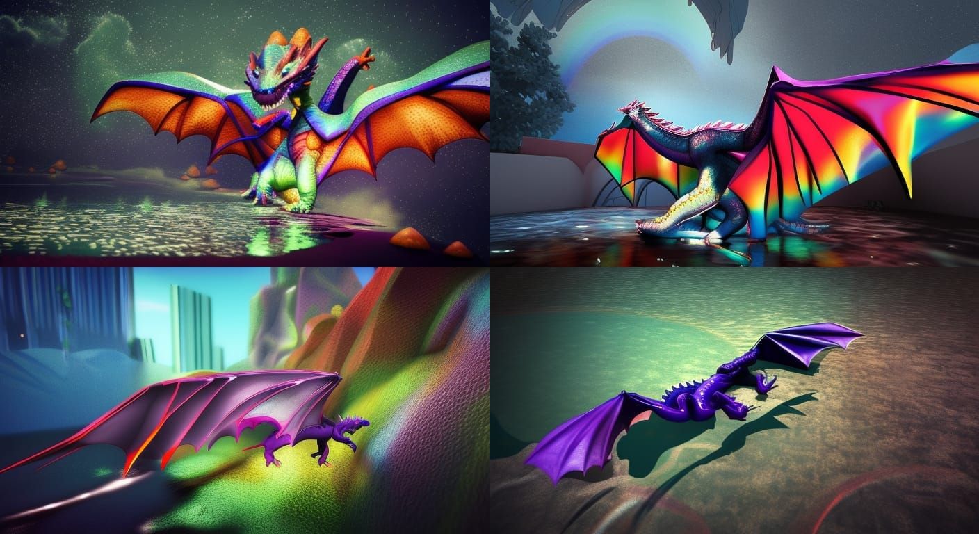 3D Rendered baby dragon, artistic, rainbow colors, bright pu...