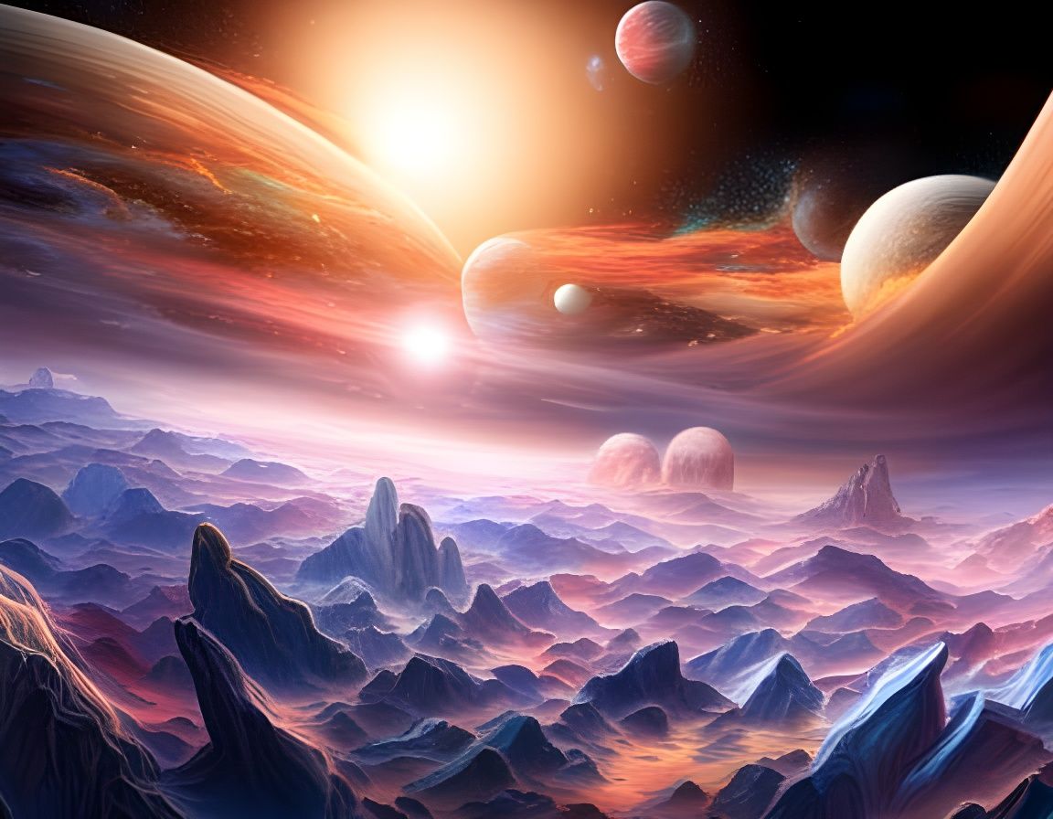 advanced alien city, flying alien spaceships, sideral Space nebulas planets and galaxys in the sky, high ...  by @Sparthano