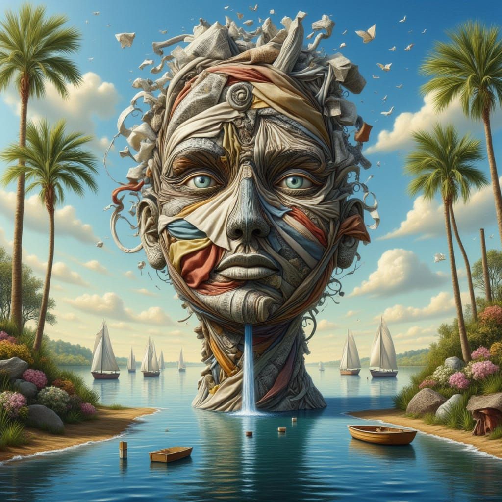 <lora:kak-FabricFace:1.0>frontal Face created entirely of messy  junk metals and fabrics, a waterfall is being born in the head and going th...