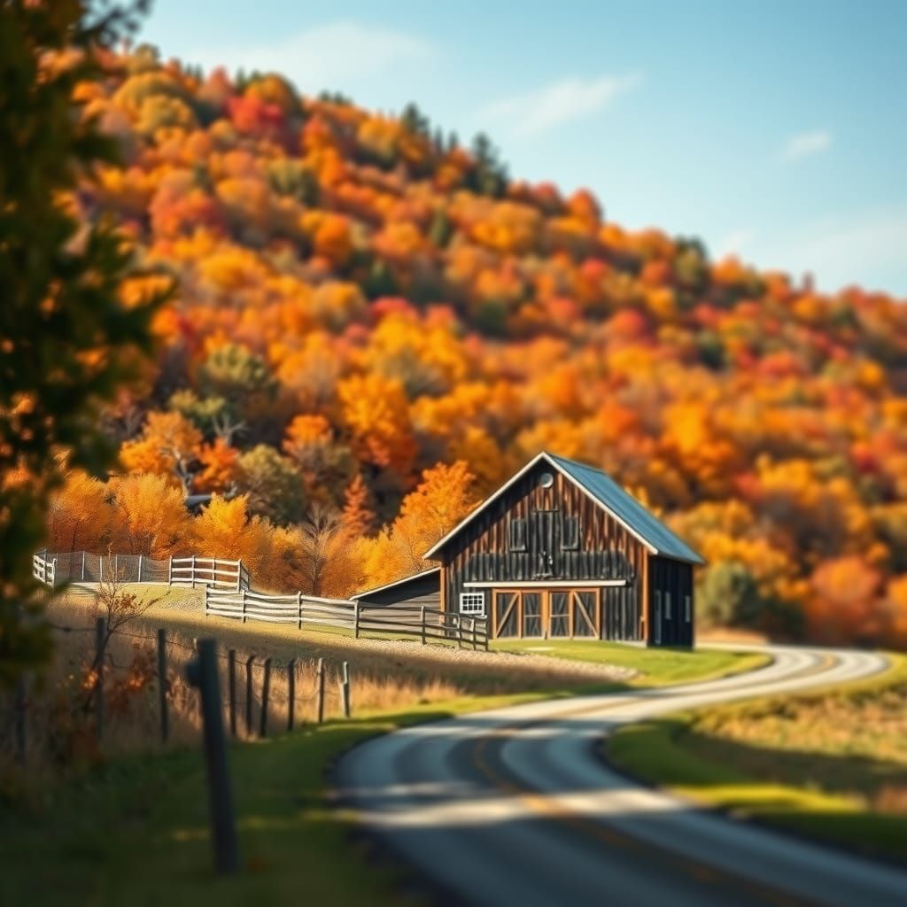 A barn, bottom of a hill just off the road, wooded hillside,...