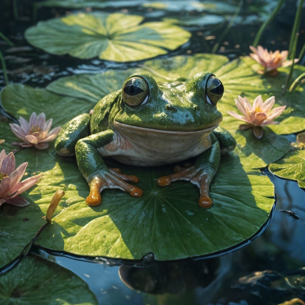 <lora:Boundless Journeys:1.0>Portrait of an adorable mythical beautiful cute frog on a lilypad, anime, reflective, gorgeous eyes, hyper det...