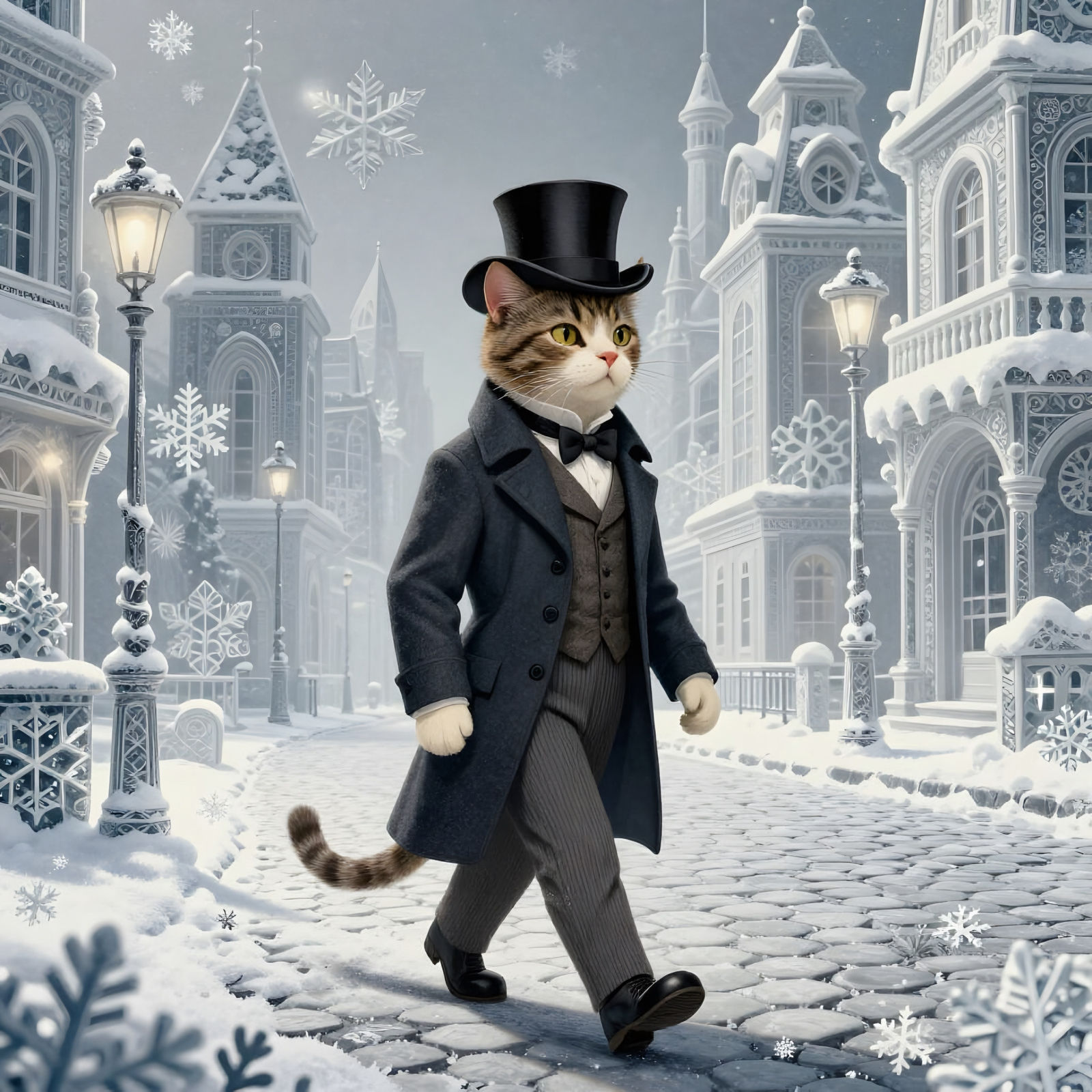 Anthropomorphic Victorian Cat in Snowflake Town