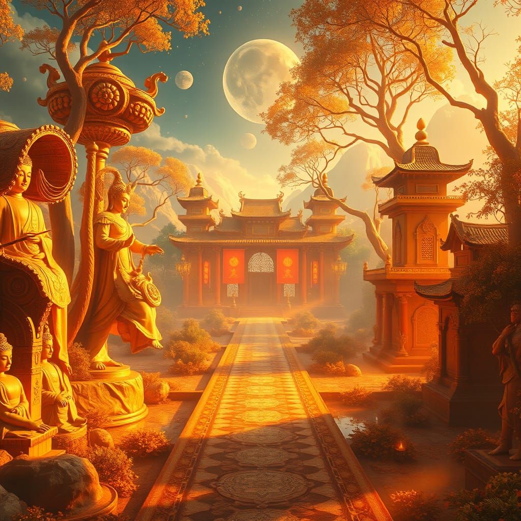 Golden Pathways Converge in Serene Buddha-Inspired Landscape...