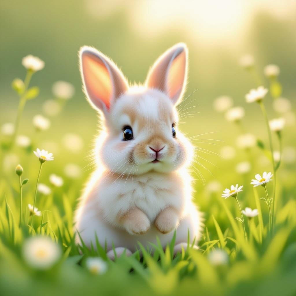 Adorable Fluffy White Baby Rabbit in Wildflower Field