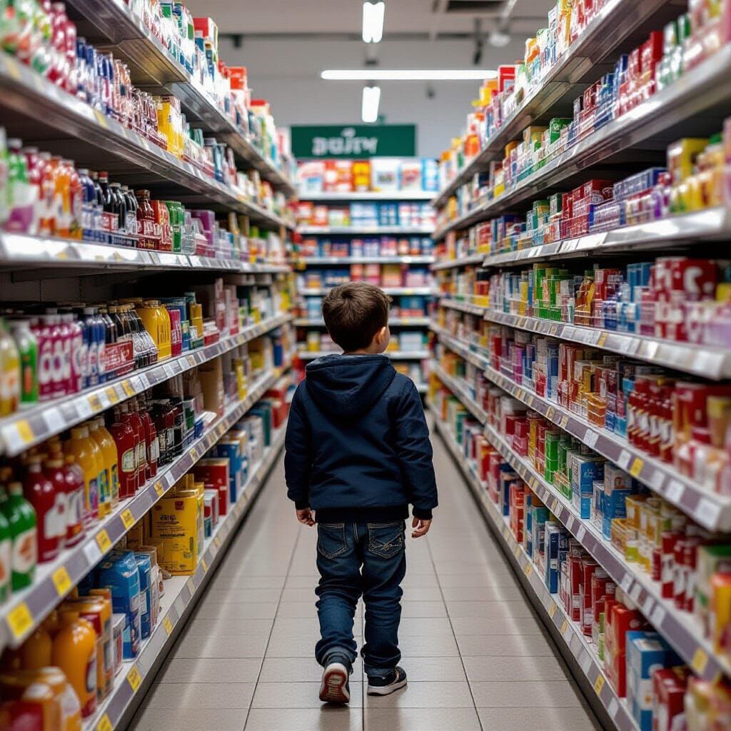 Child Chooses Candy in Packed Grocery Store Aisle