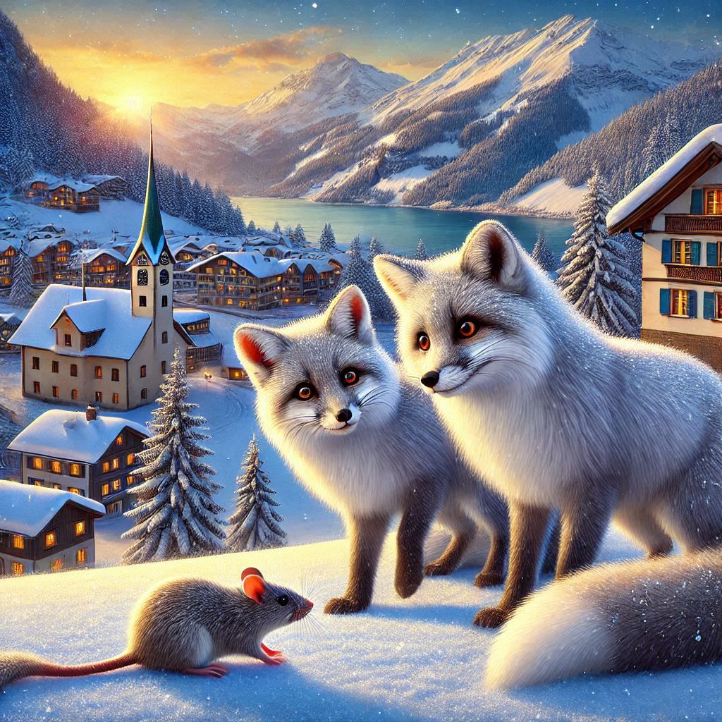 2 Silver Fox Looking at a Mouse