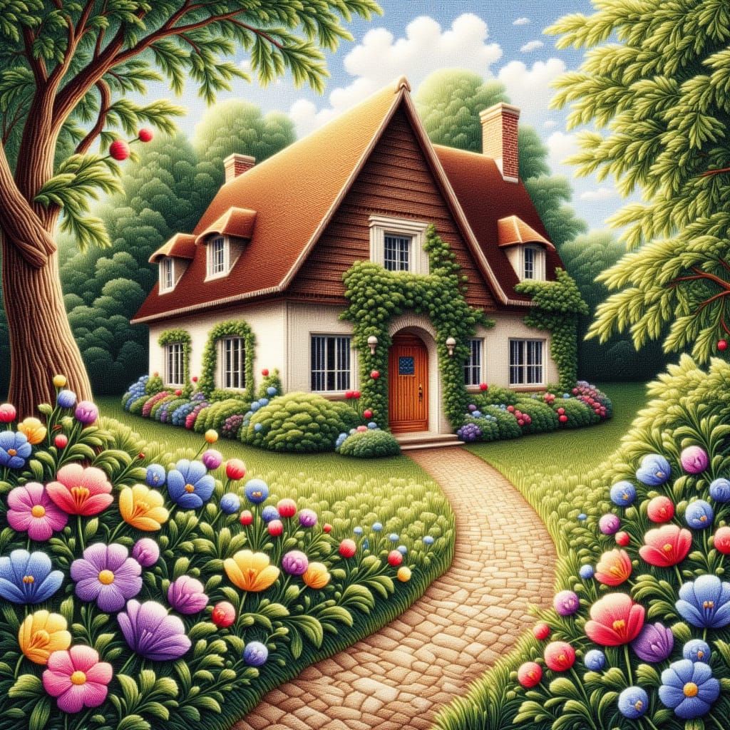 Country cottage with garden tapestry stitch <lora:Tapestry Touches 2:1.0>