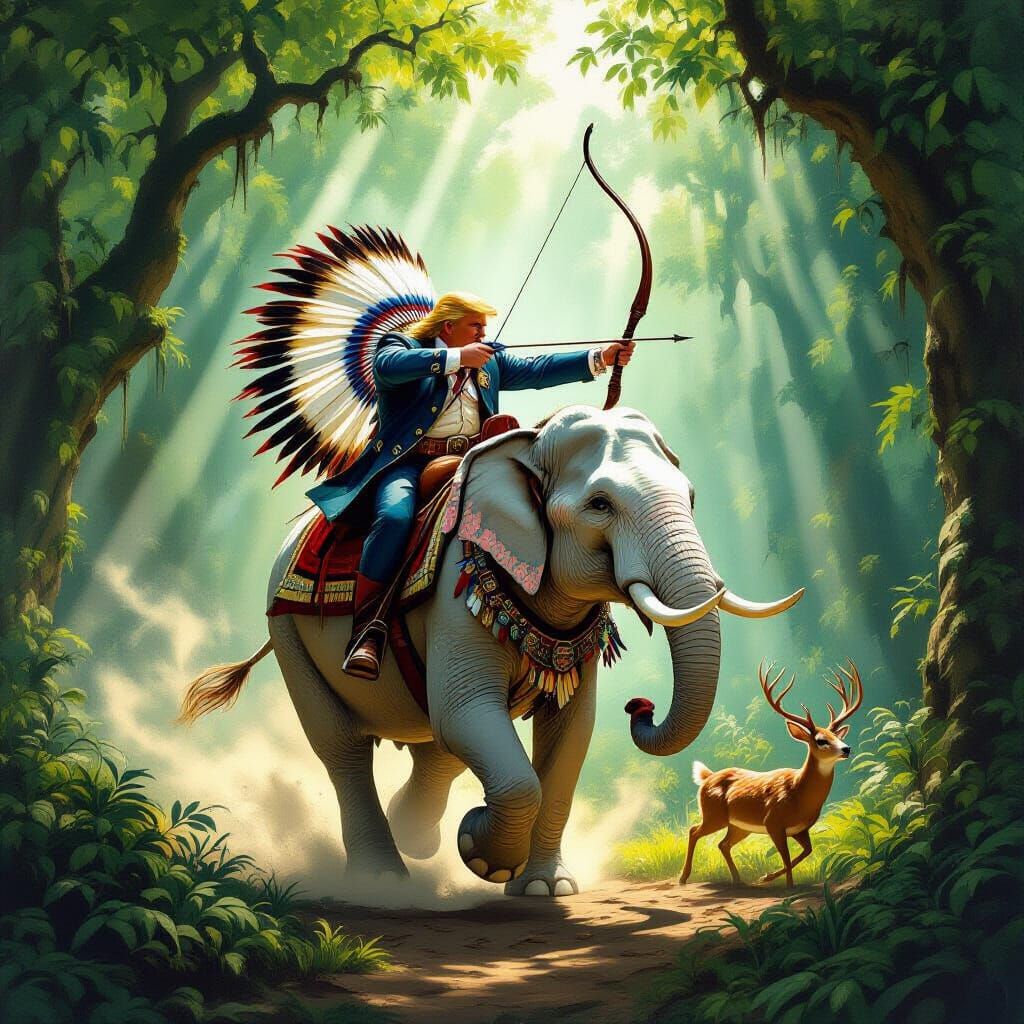 Trump Hunts Deer on Elephant in Baroque Forest