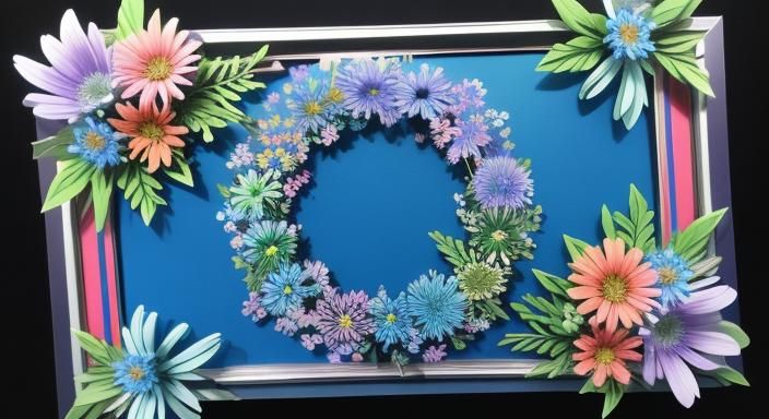 FLORAL CIRCLE FRAME, WREATH, VIVID NEON BLUE, ORANGE, LIME G...