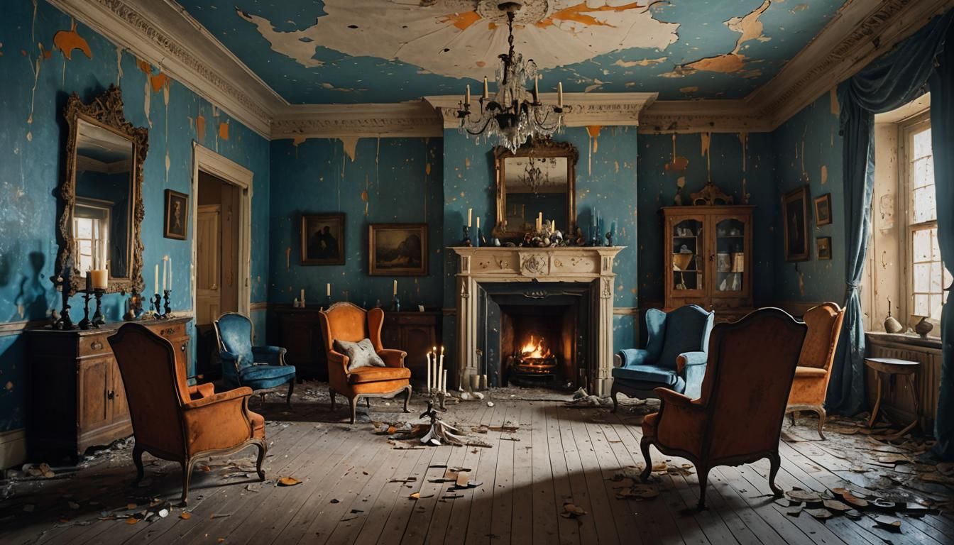 A grand sitting room with faded wallpaper peeling from the w...