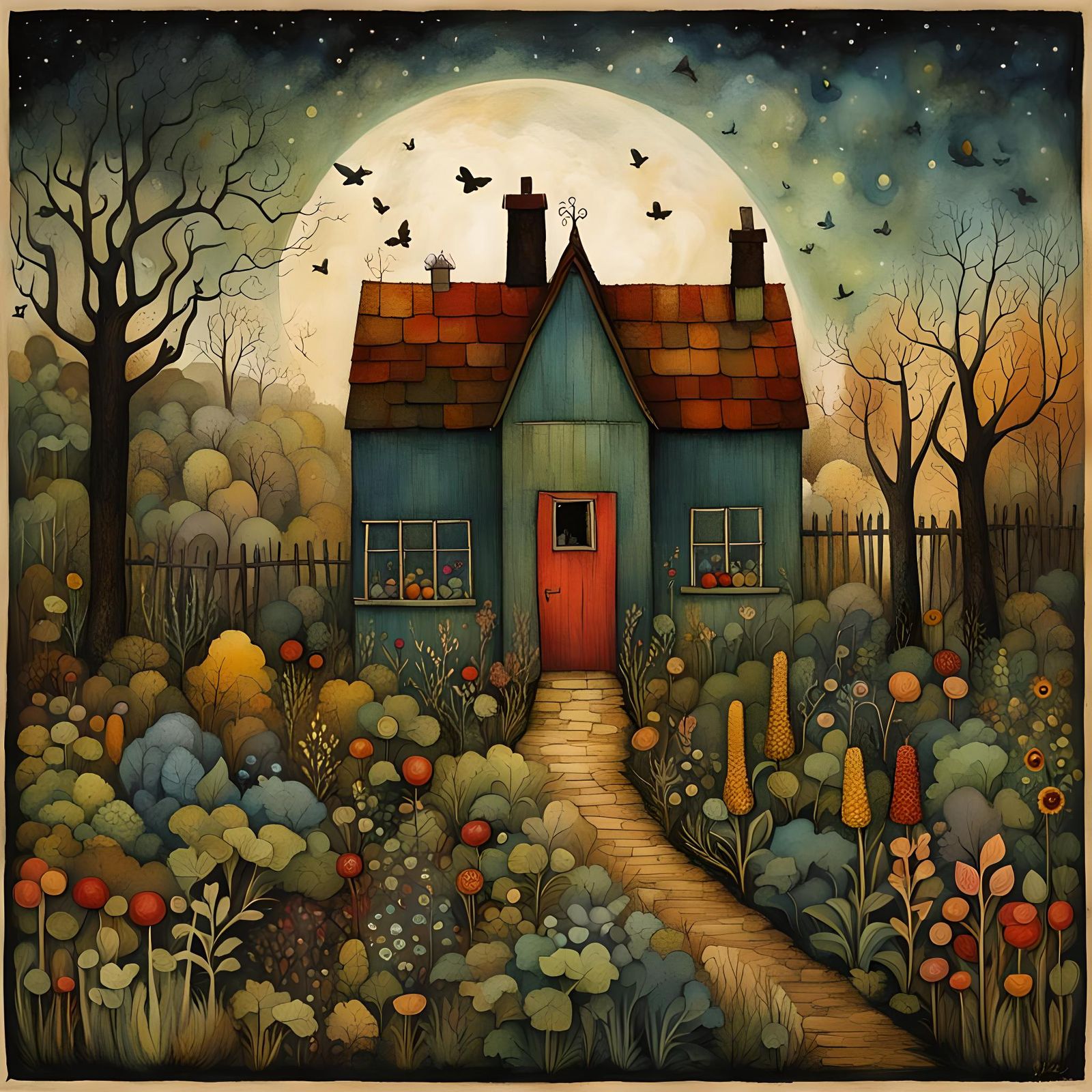 Enchanting English Garden Allotment in Naive Art Style