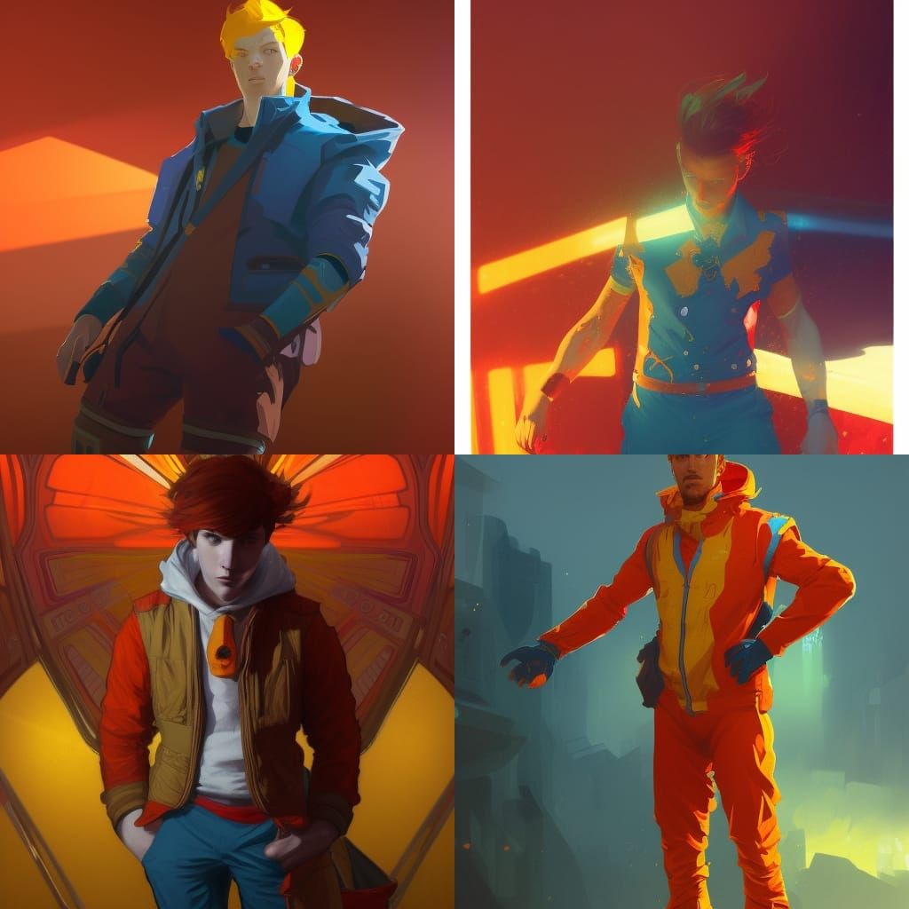 Boy, red hair, yellow suit, blue eyes, red boots