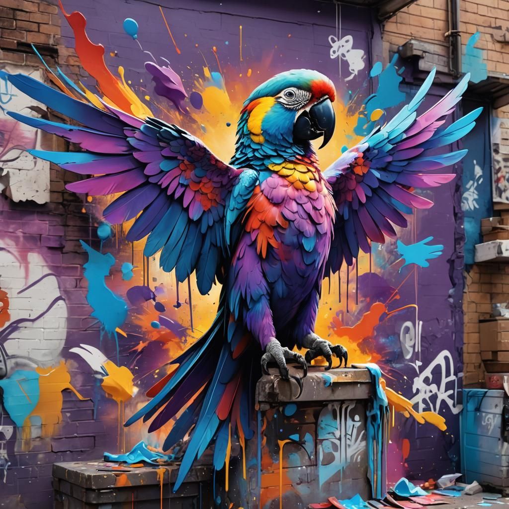 Parrot with wings of blue and purple sitting on the shoulder...