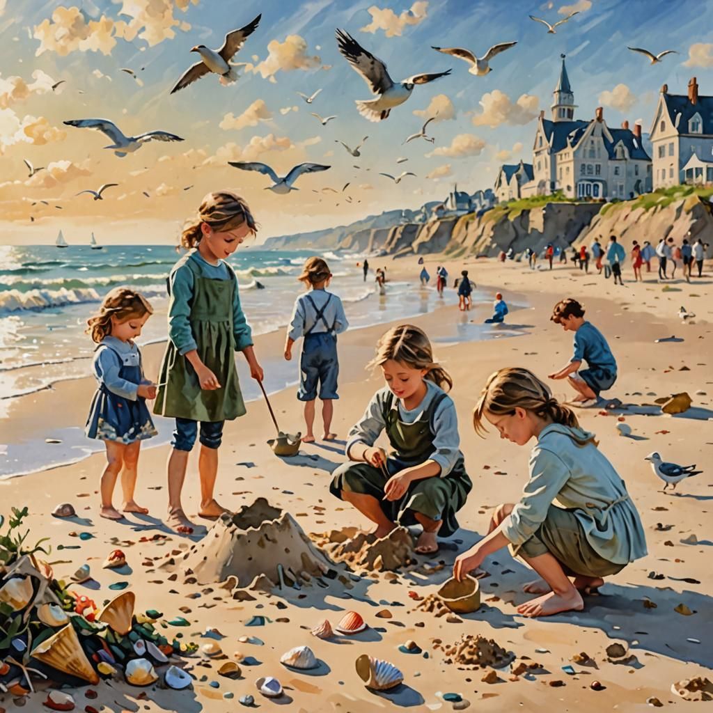 Kids bulding sandcastles, decorating with shells and seaweed...