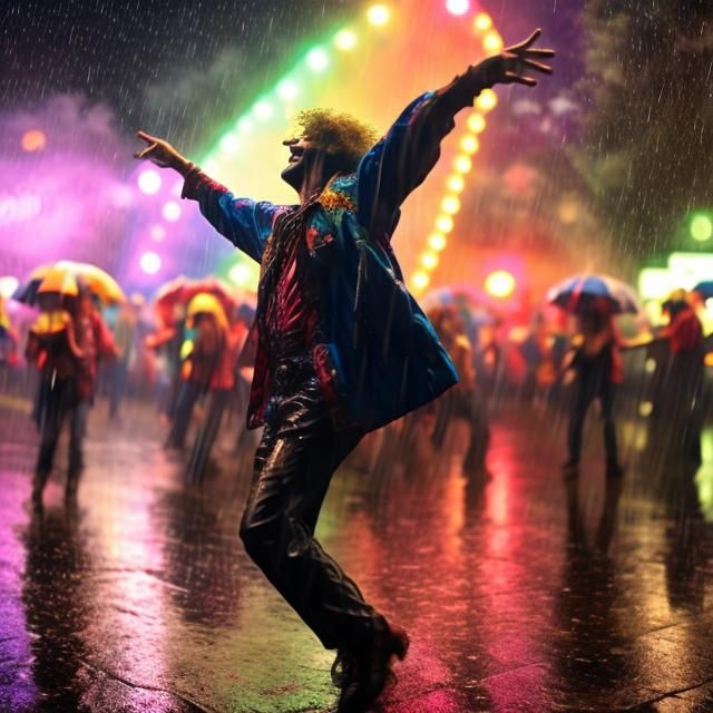  <lora:Joyful:1.0> Dancing in the rain at Woodstock