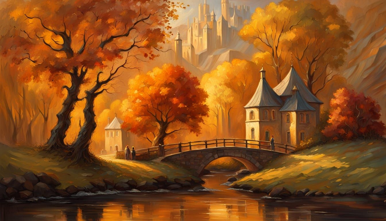 elaborate oil painting. an medieval village by a stream surrounded by autumnal trees with golden leaves. The buildings blend into the trees ...