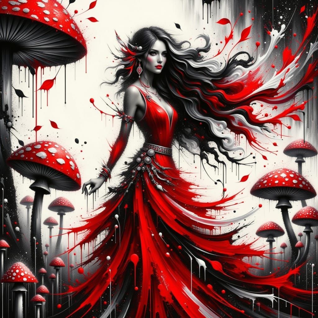 <lora:Drama Drip Splatter:1.0> Create an abstract painting using the colors black, white, and red that involves techniques of splatter and d...