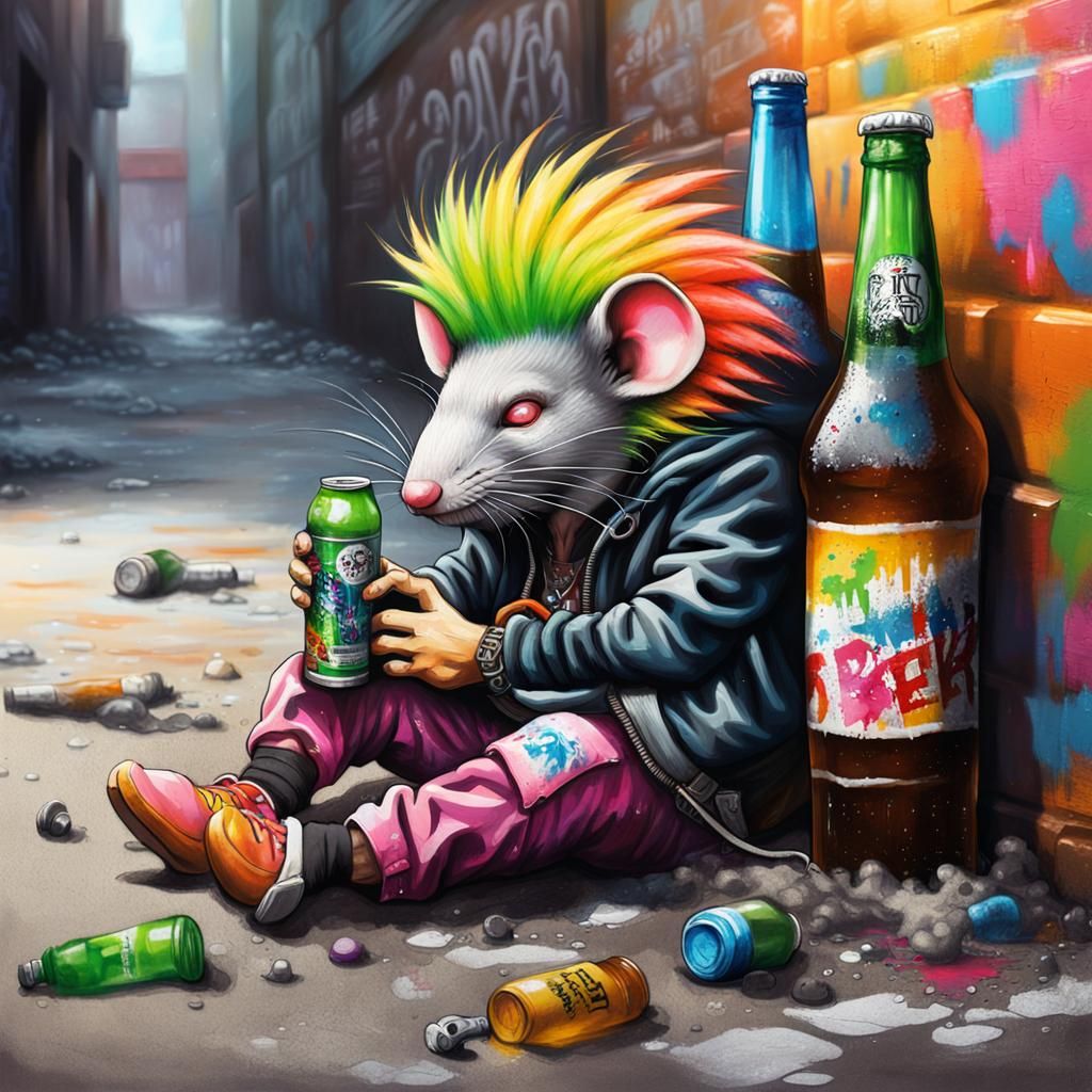 humanoid rat in punk outfit with colorful mohawk hair sleeping drunk in ...