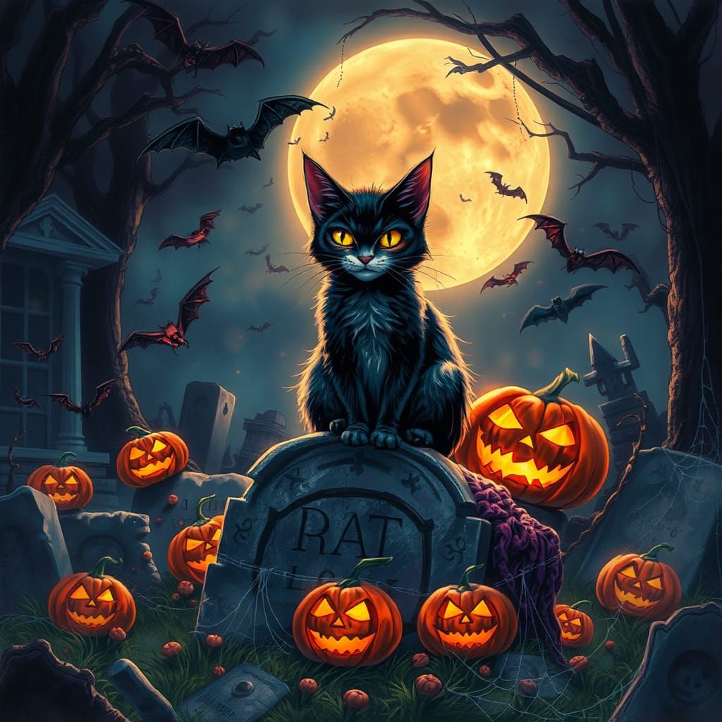 Spooky Cat on Tombstone in Surreal Halloween Scene