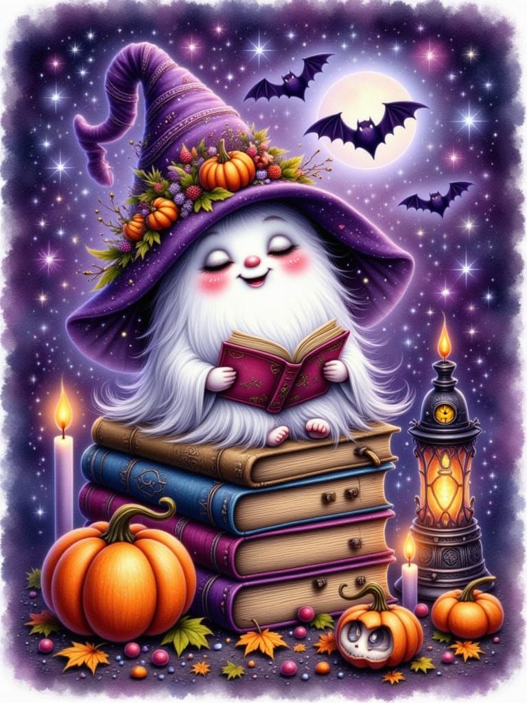 watercolor, cute halloween-themed image of a ghost wearing a witches hat sitting on a stack of books, reading a book, surrounded by pumpkins...
