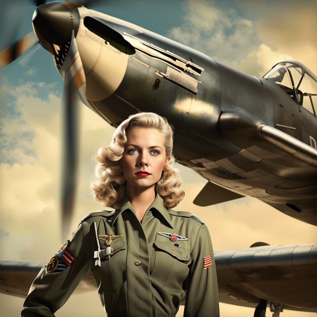 In the style of 1940s photography, A 1943 WASP Womens Army Service Pilot in uniform who is 23, blonde with blue eyes sta...