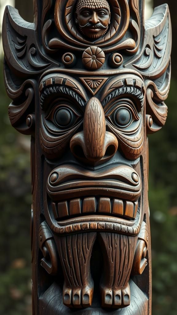 A digital take on a hand-carved wooden totem, complete with detailed faces and symbols, film noir, color graded, retouched, mixed media, ash...