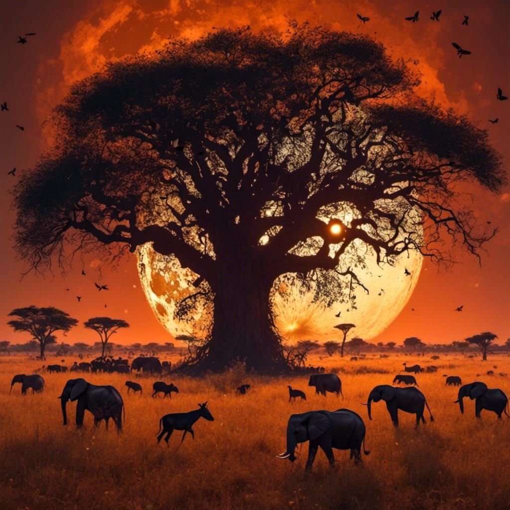 Gorgeous savanna with African animals under a harvest moon <lora:MoonGlow:1.0>