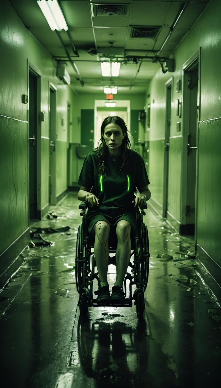 A close-up portrait of a mad girl in a wheelchair with a broken calf rushing forward through the corridor of a psychiatric clinic