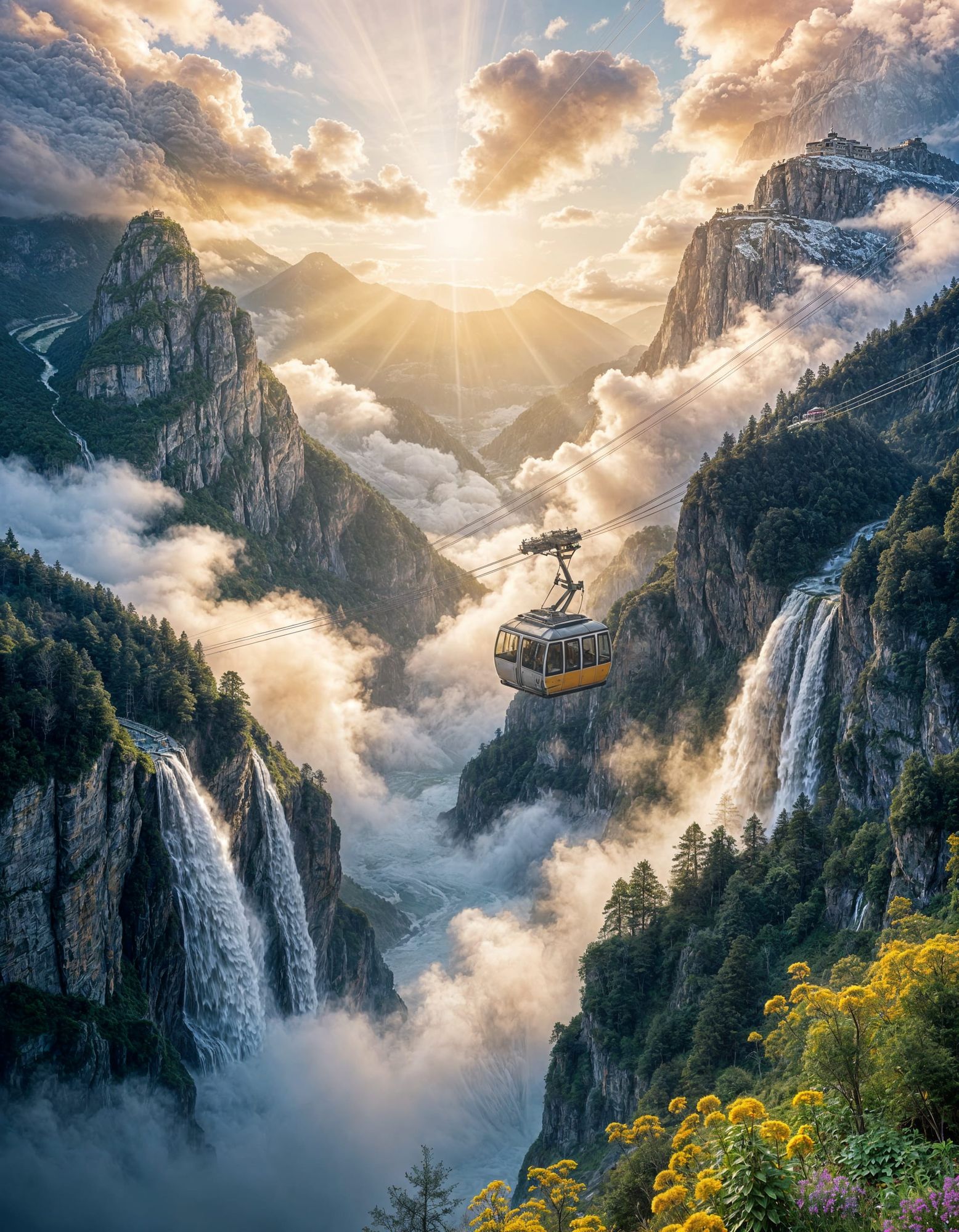 A dreamy cable car floats above the waterfall-covered cliffs of the Alps. Sunlight filters through the clouds, illuminating dust particles d...