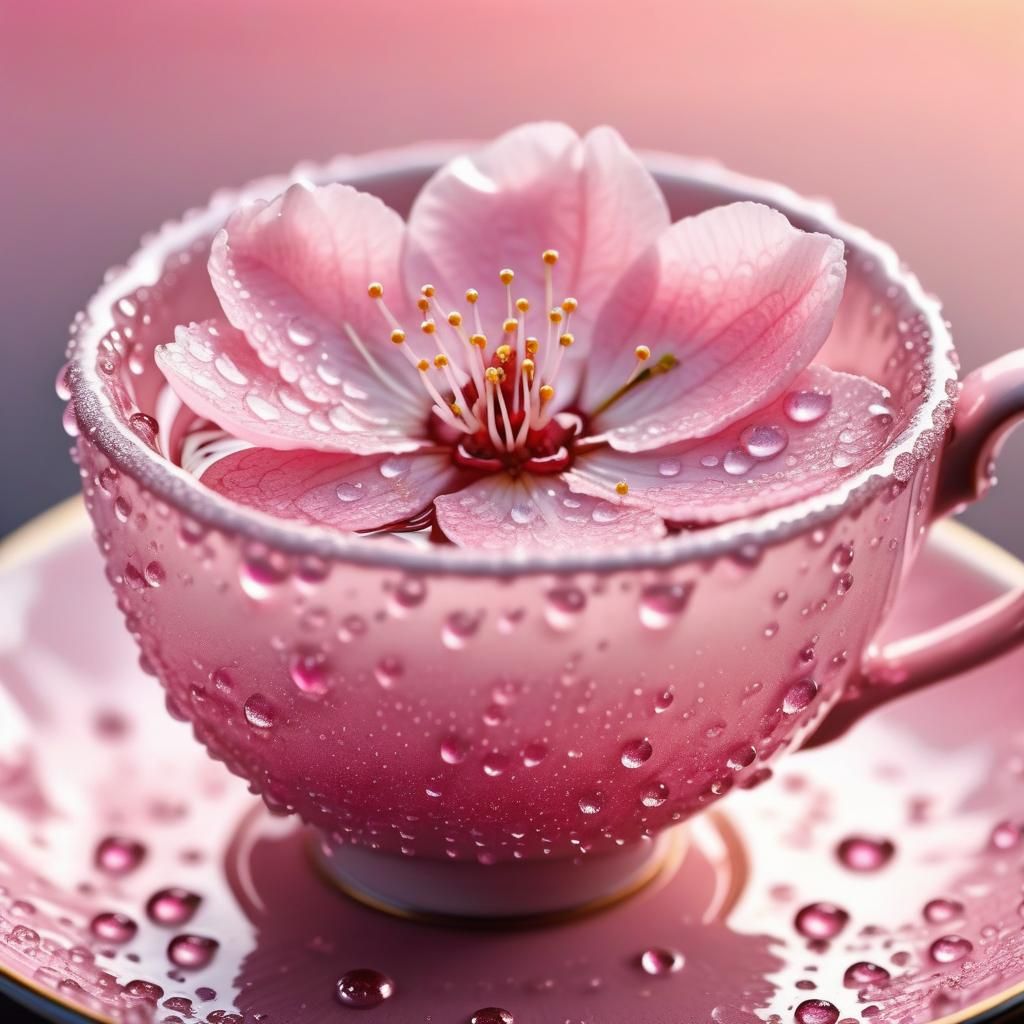 Delicate cherry blossom in a teacup covered in morning dew drops  by @NewAgerJul