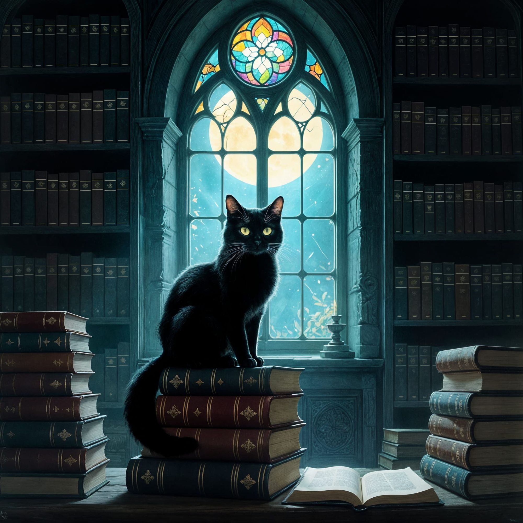 An old, dimly lit library filled with ancient tomes, bathed in the soft glow of moonlight filtering through a stained-glass window. A single...